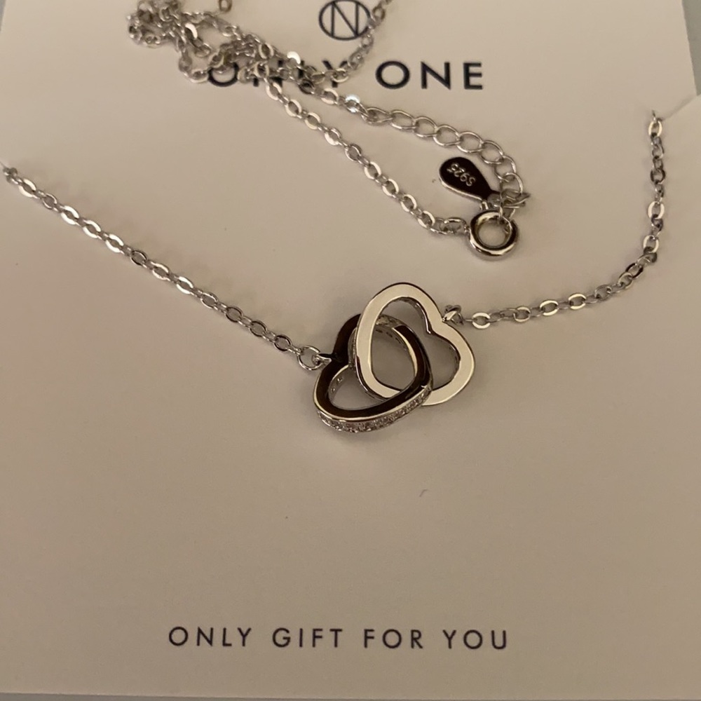 925s Two/hearts embellished/Cubi Zirconia/necklace - Picture 3 of 3